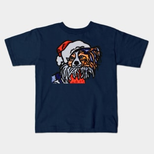 Papillon Dog Santa over Blue Kids T-Shirt